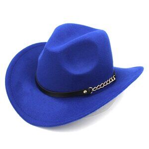 Blue Western Cowboy Hat Wide Brim Fedora Style with Chain Band for Men & Women